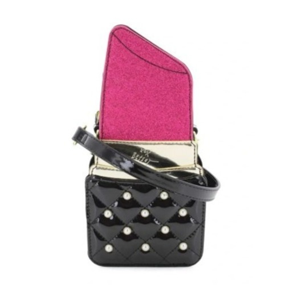 Betsey Johnson Lipstick Crossbody Bag Womens Small Black Red Quilted Pearl